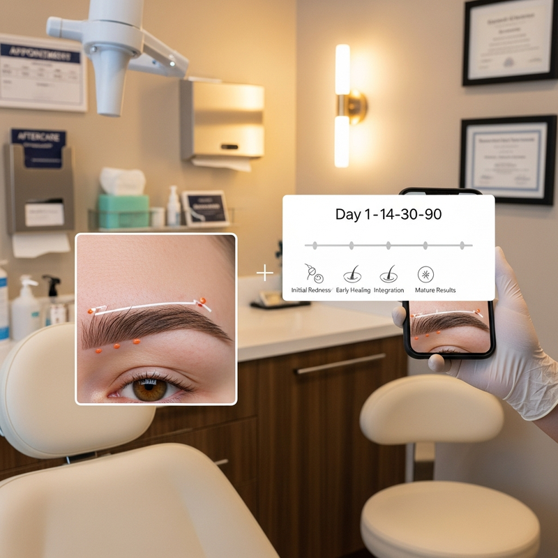 Eyebrow transplant recovery time infographic card highlighting weeks 1–12 healing and shedding phase