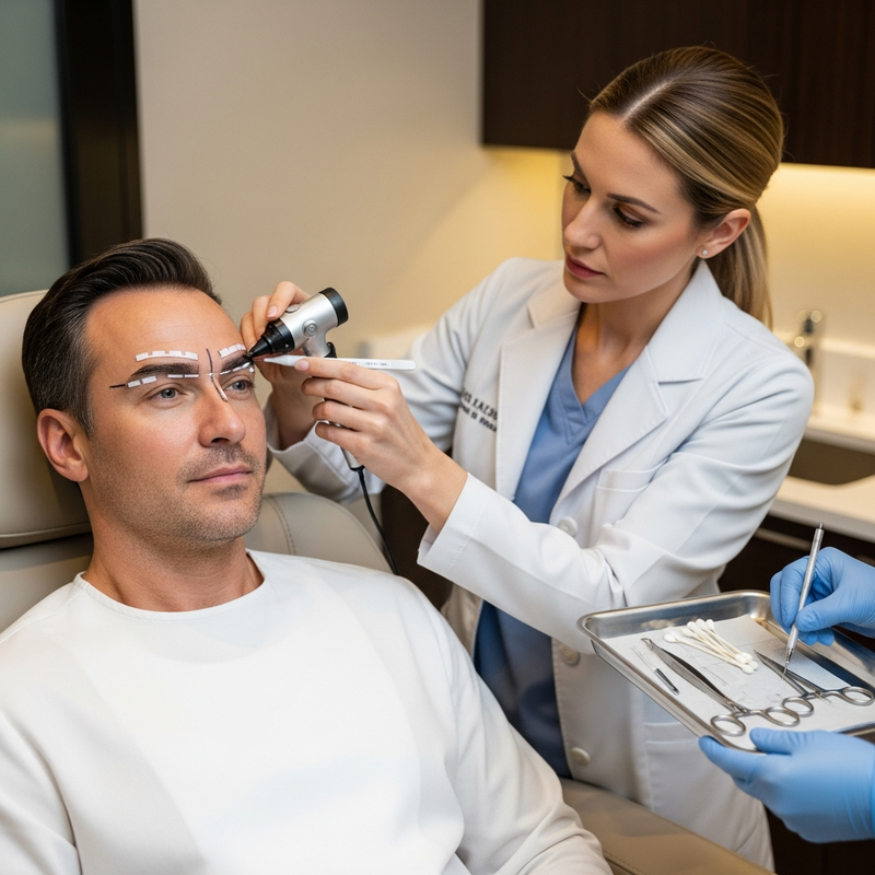 Eyebrow transplant male close-up illustration emphasizing natural brow shape and density