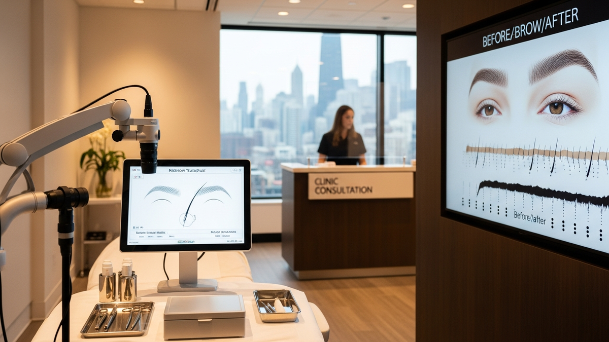 Eyebrow transplant Chicago guide hero image showing natural eyebrow shape restoration concept in a modern clinic setting