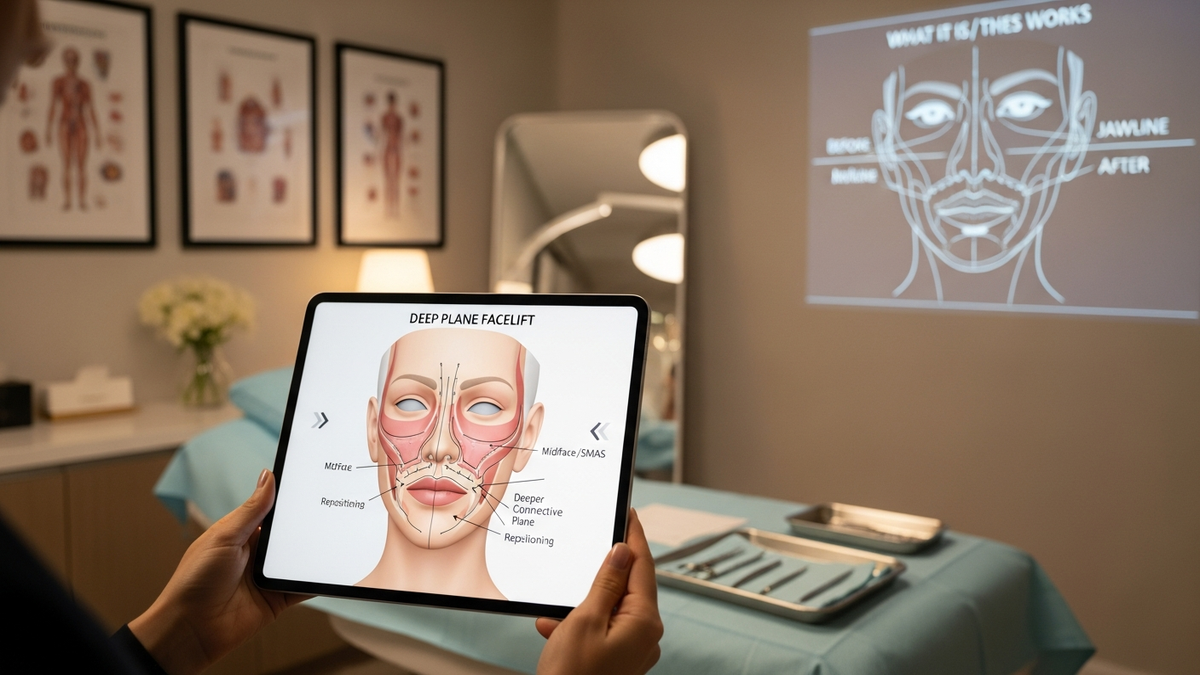 Deep plane facelift what is it: surgeon discussing facial anatomy with a patient in a modern facial plastic surgery consultation setting