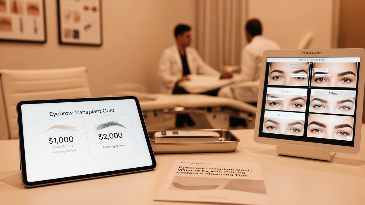 Eyebrow transplant cost guide banner with a close-up of natural eyebrow shape and subtle facial mapping lines
