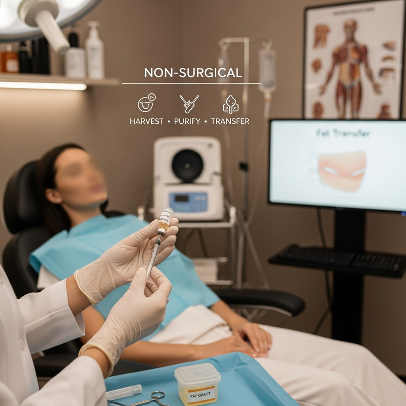 Non surgical fat grafting overview card showing facial contour improvement and minimally invasive approach