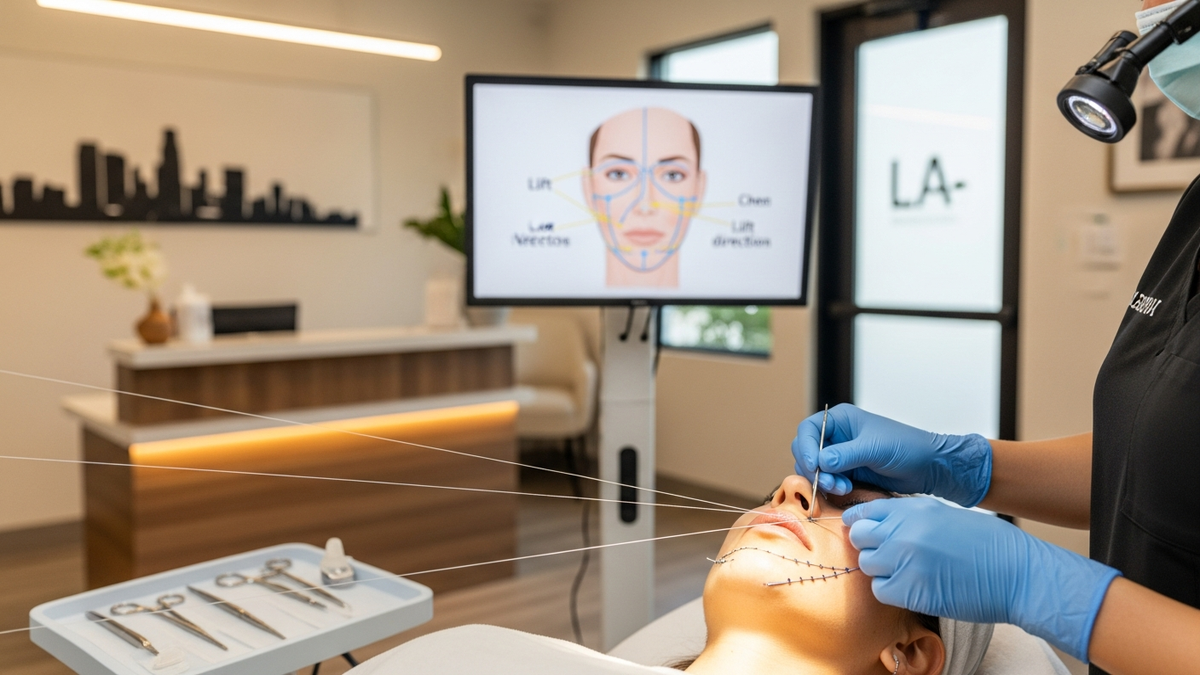 Facelift using string concept illustration with a confident patient portrait and subtle facial anatomy guidance in a modern Los Angeles clinic setting