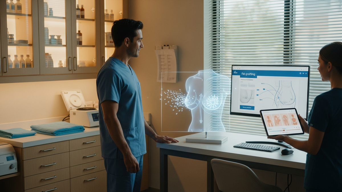 Fat grafting boob job consultation concept: natural breast enhancement using patient’s own fat with a medical professional in a modern clinic setting
