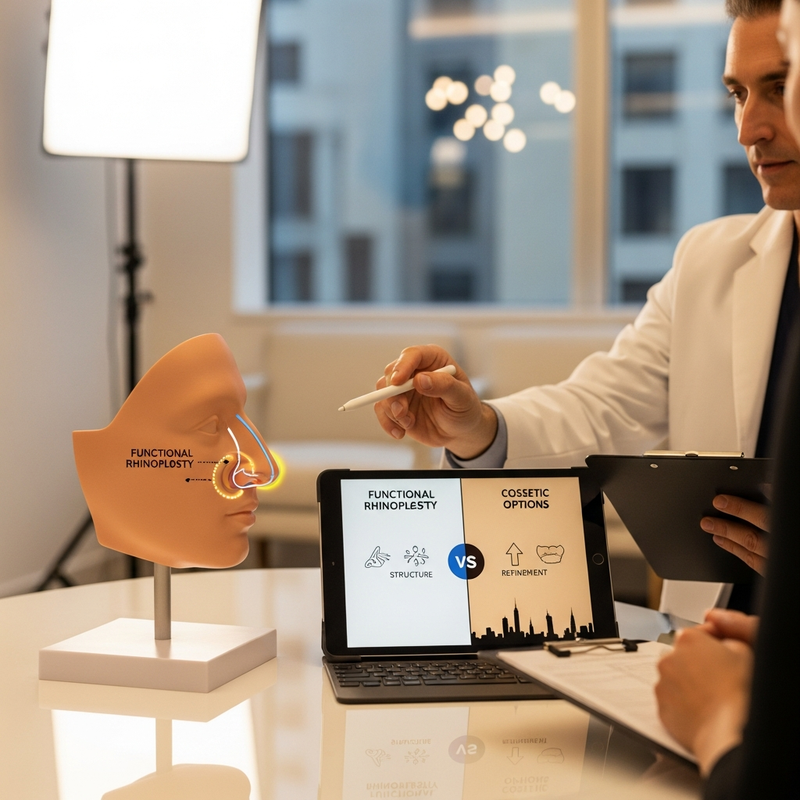 Nose job in NY square card image featuring a calm clinic-style portrait with a focus on nasal profile and breathing comfort
