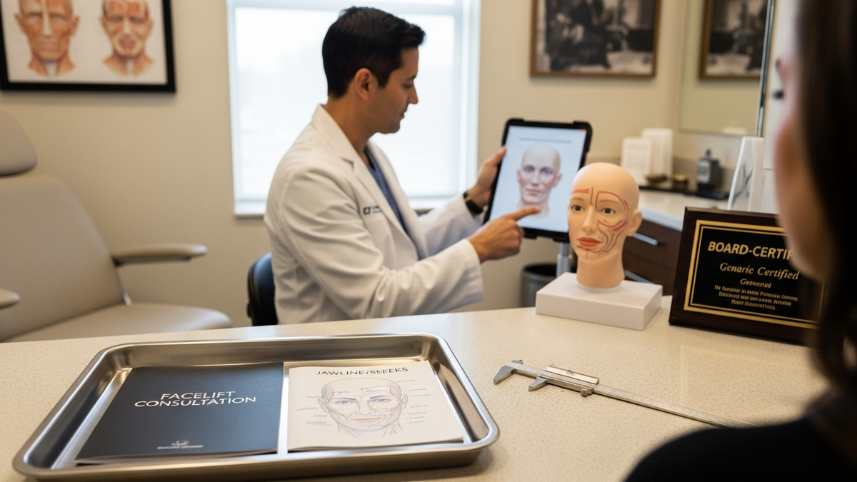 Plastic surgery for facelift consultation in Los Angeles with a board-certified facial plastic surgeon reviewing facial rejuvenation options