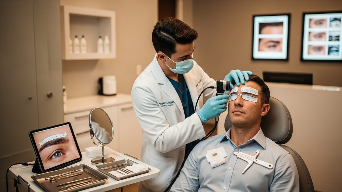 Eyebrow transplant man consultation scene with surgeon mapping eyebrow shape on a patient, natural facial lighting