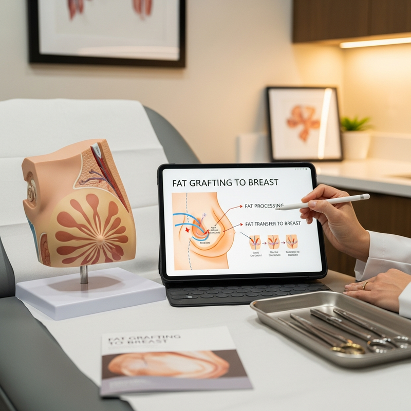 Fat grafting to breast procedure illustration with harvested fat being processed and injected for natural volume enhancement
