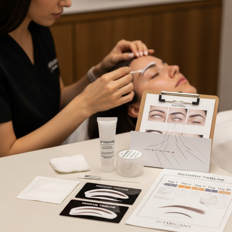 Close-up illustration showing eyebrow transplant recovery stages: swelling, scabs, shedding, and regrowth