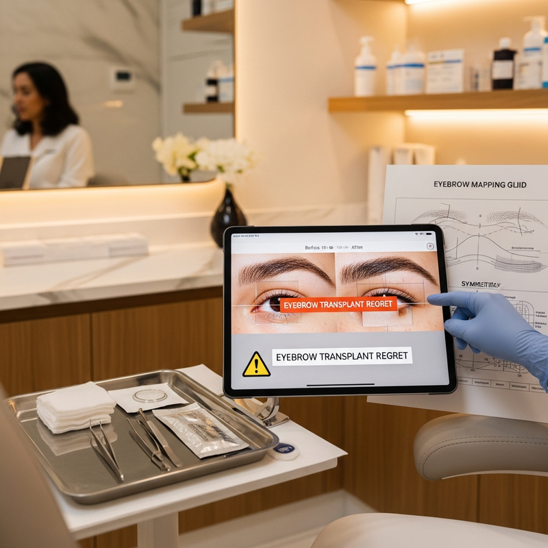 Eyebrow transplant regret checklist card image featuring eyebrow mapping and natural brow design concept