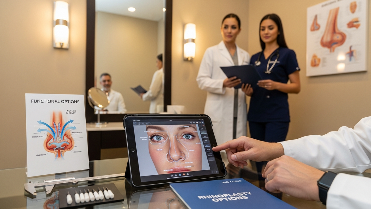 Plastic surgery nose job consultation in Beverly Hills with a surgeon reviewing rhinoplasty goals and nasal anatomy