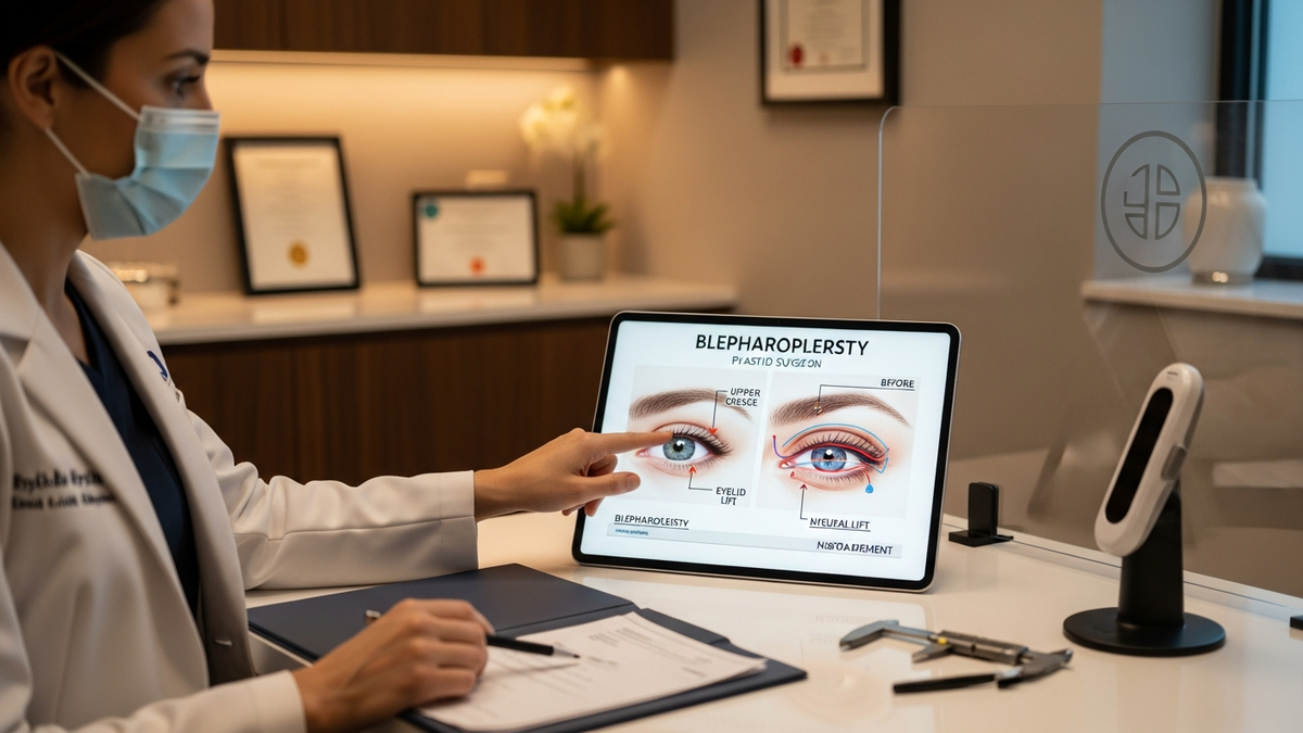 Blepharoplasty plastic surgeon consultation in Beverly Hills with a patient discussing natural eyelid surgery goals
