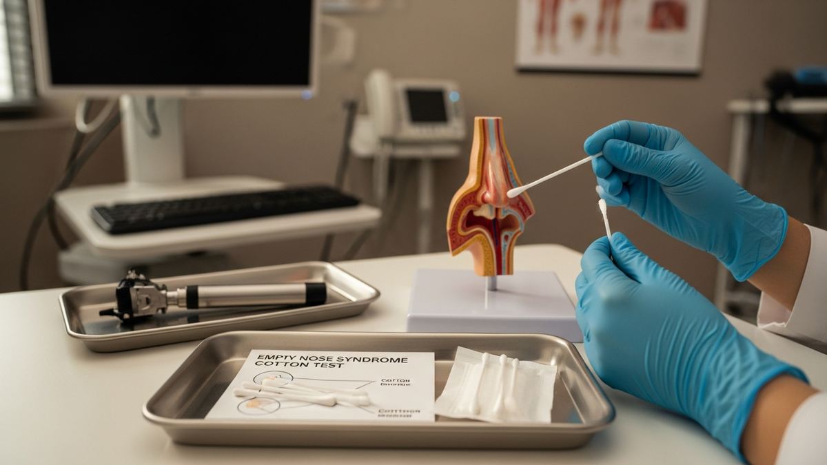 Empty nose syndrome cotton test explained with a clinician examining the nasal passages using an endoscope in a modern ENT clinic