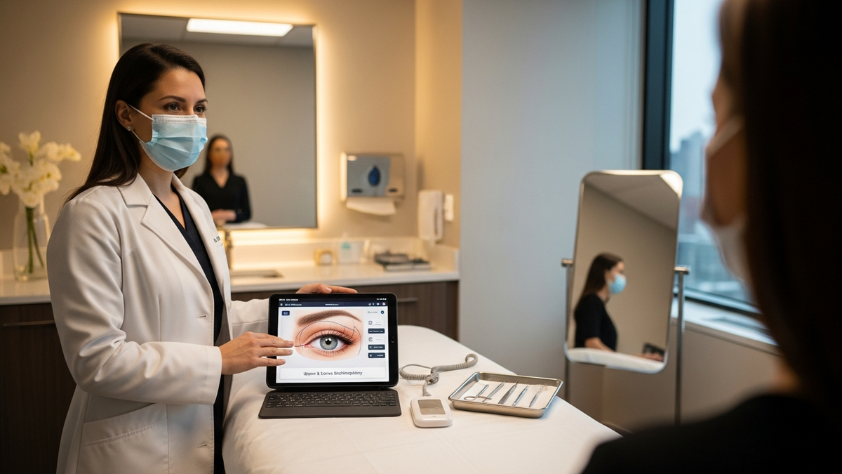 Blepharoplasty NYC consultation: patient reviewing eyelid surgery options with a facial plastic surgeon in a modern clinic setting