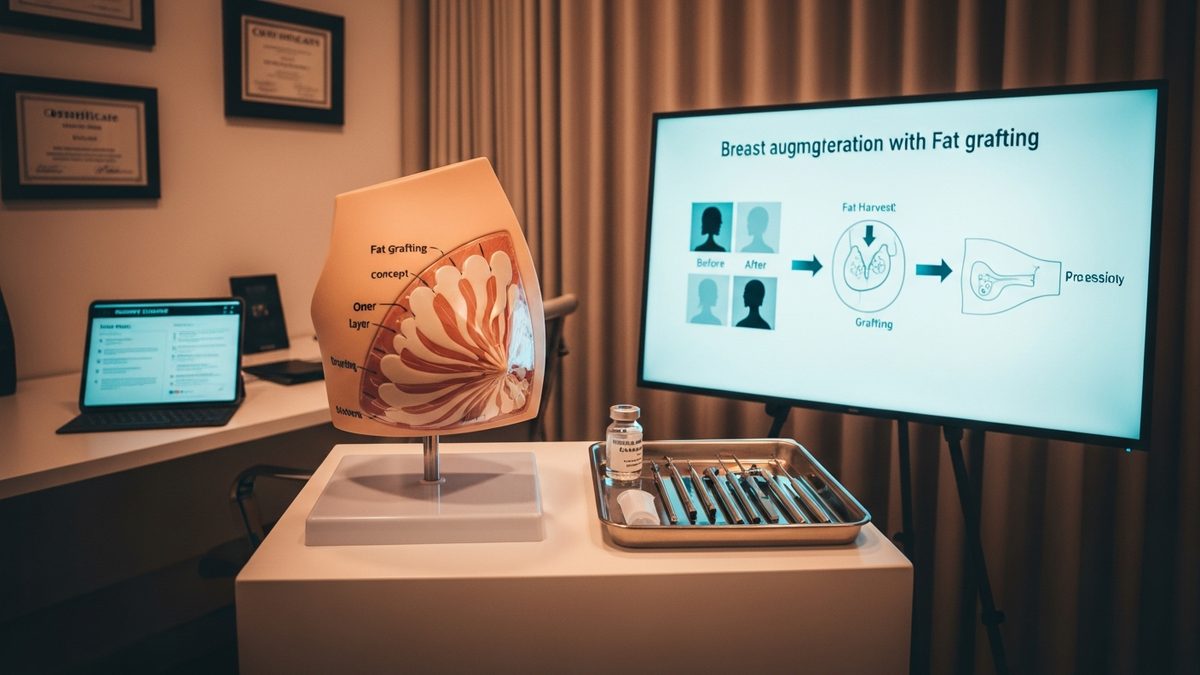 Breast augmentation with fat grafting: surgeon discussing natural-looking fat transfer results in a modern clinic setting