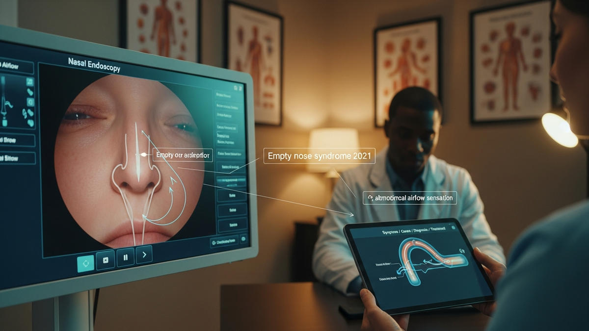 Empty nose syndrome 2021: patient-focused illustration of nasal airflow, dryness, and endoscopic ENT evaluation in a modern clinic setting