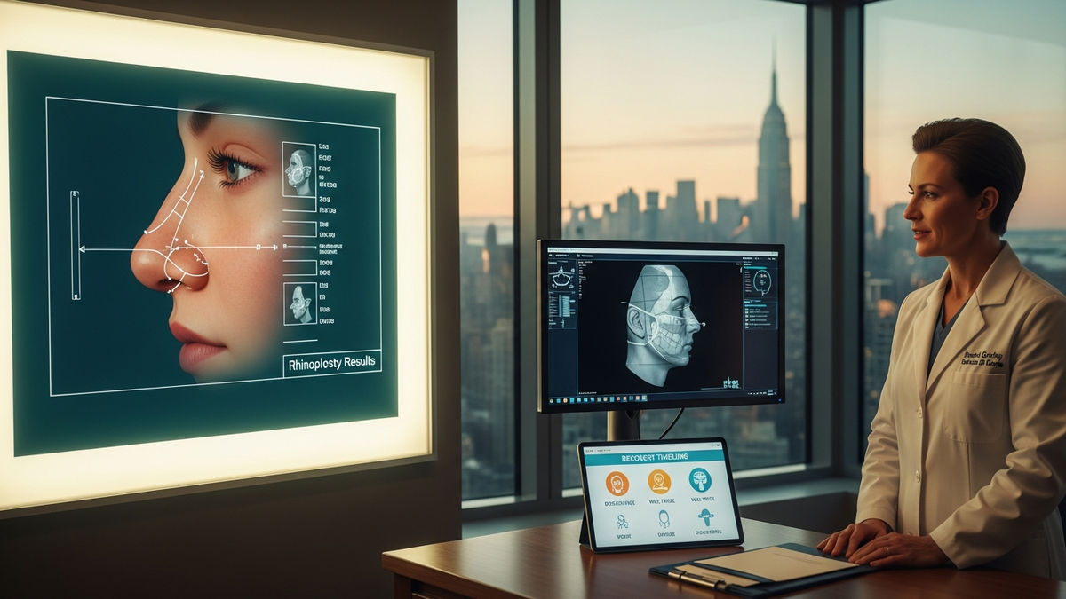 New York City rhinoplasty consultation in a modern clinical setting with a surgeon reviewing facial proportions and nasal anatomy