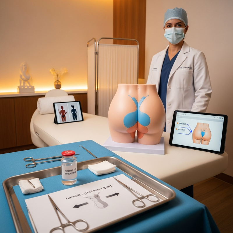 Buttock fat grafting overview: diagram-style image of fat harvesting and injection steps for a Brazilian butt lift