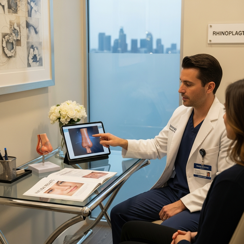 Rhinoplasty Los Angeles overview card showing natural nose aesthetics and functional nasal health consultation