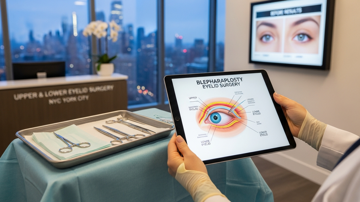 Blepharoplasty New York City information scene: patient consultation with an eyelid surgery-focused surgeon and natural eye rejuvenation imagery in a modern clinic setting.