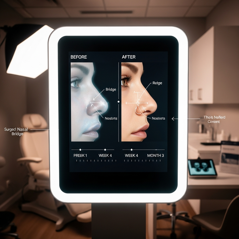 Rhinoplasty before and after recovery timeline image with swelling stages and final result