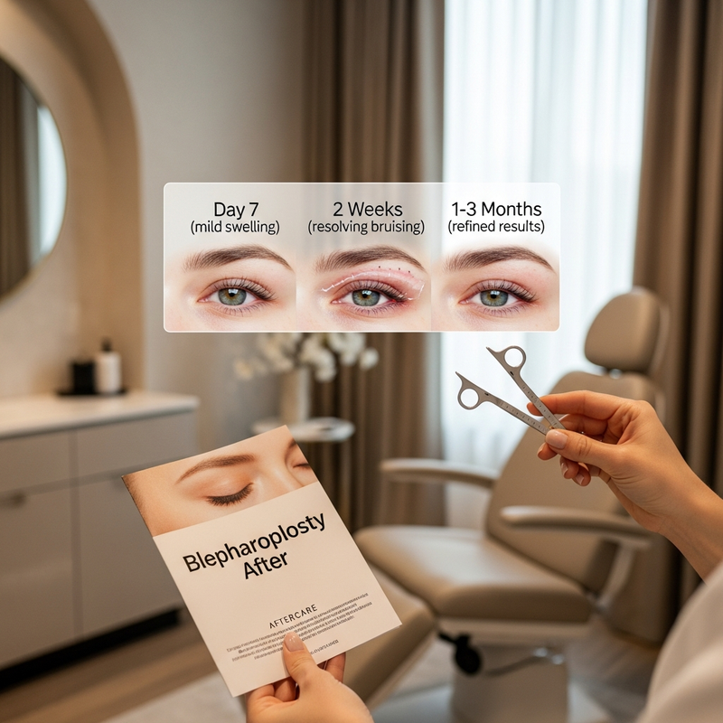 Blepharoplasty aftercare overview card: healing timeline with swelling and bruising stages for eyelid surgery