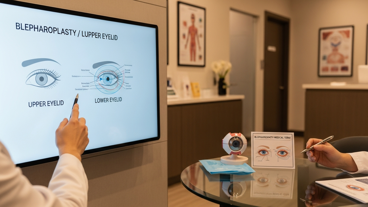 Blepharoplasty medical term: patient consultation for upper and lower eyelid surgery with a facial plastic surgeon in Beverly Hills