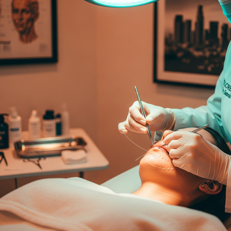 Facelift using string close-up visual showing suture-based facial tightening concept with natural-looking rejuvenation theme