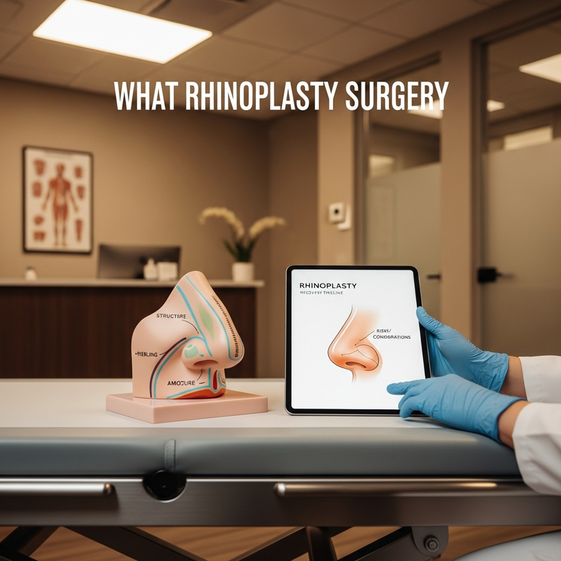 Rhinoplasty surgery informational card showing a close-up of the nose profile and a checklist for cosmetic and functional goals