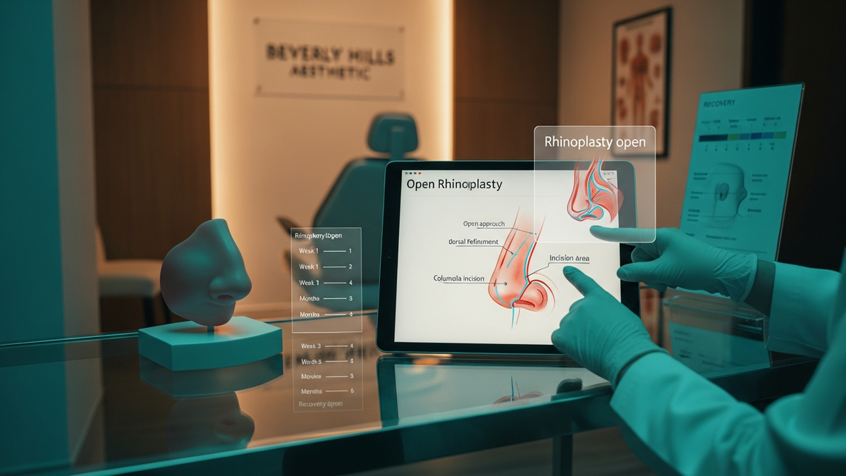 Landscape hero image of a patient consultation about rhinoplasty open in a modern facial plastic surgery office in Beverly Hills