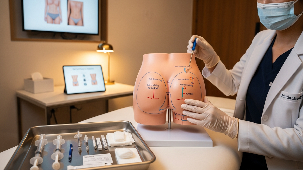 Fat grafting to buttock procedure concept image showing natural buttock contour and harvested fat transfer process