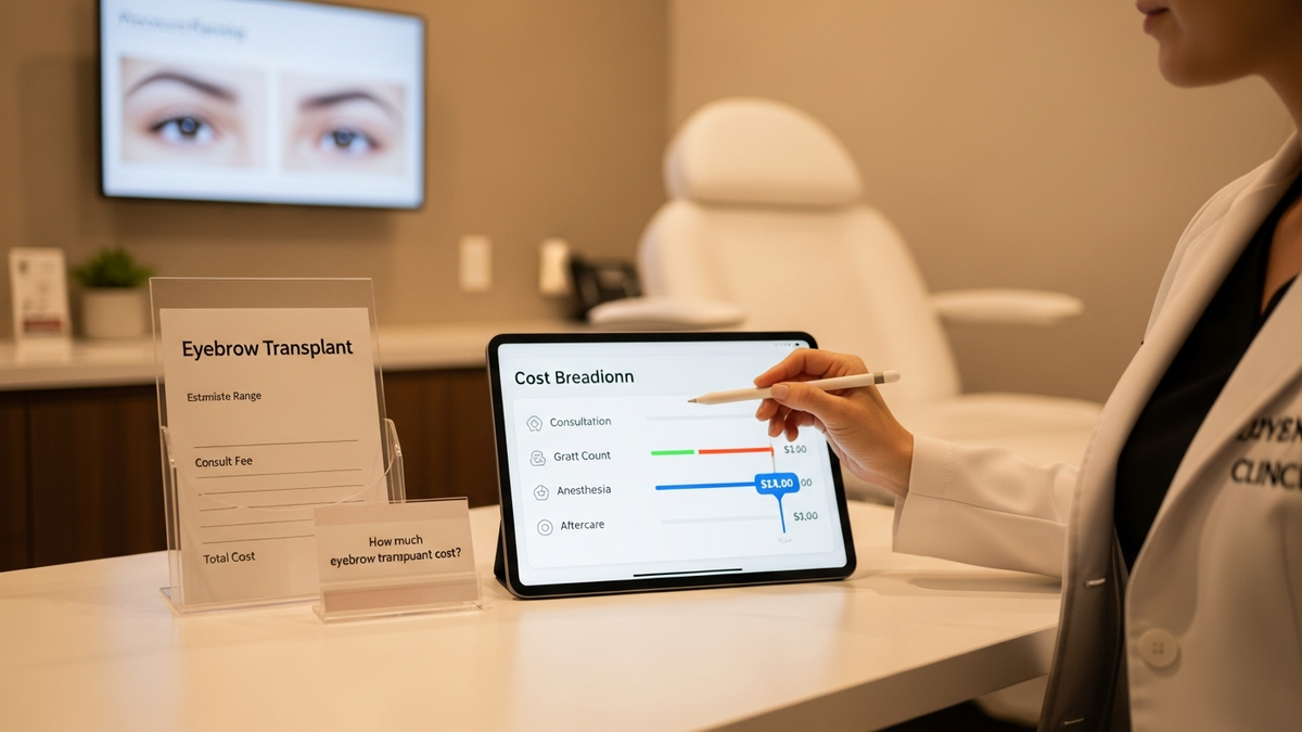 Eyebrow transplant cost guide with natural eyebrow restoration concept and consultation imagery for FlowGeniQ Digest