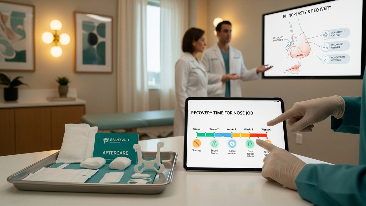 Recovery time for nose job guide showing a calm patient in Beverly Hills wearing a post-op bandage and discussing rhinoplasty healing timeline
