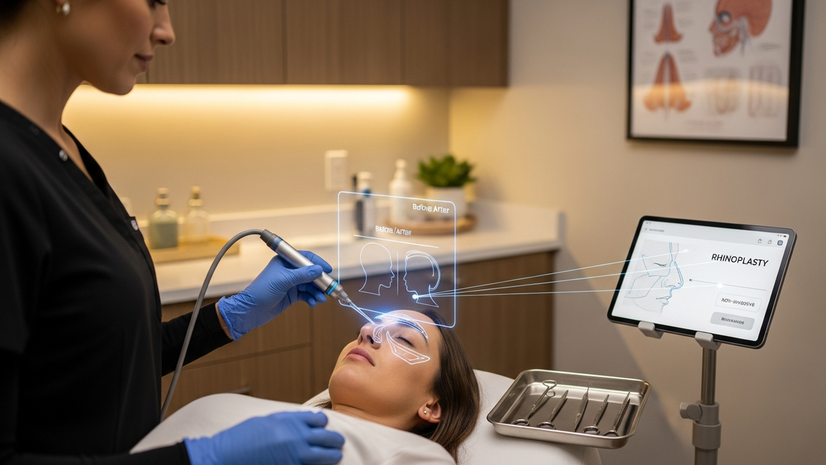 Non-invasive rhinoplasty consultation in a modern Beverly Hills facial plastic surgery setting, focusing on natural nose contour refinement.