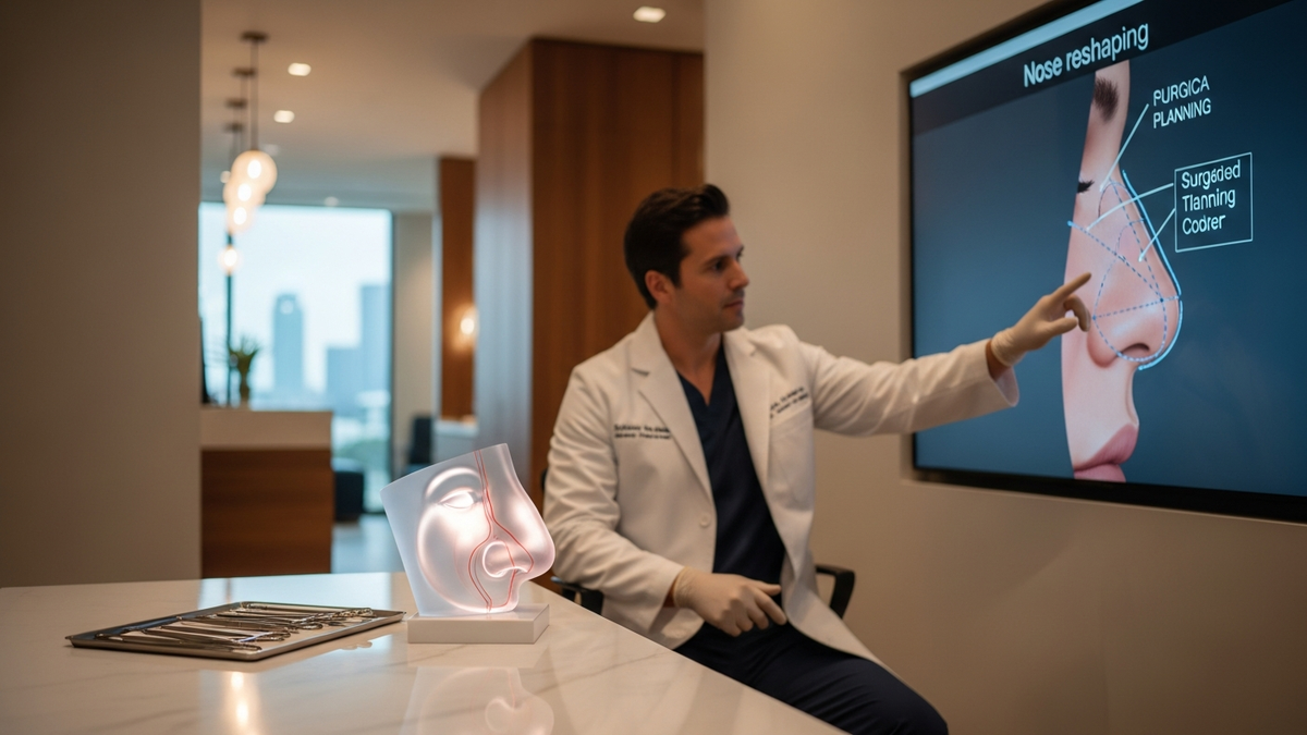 What rhinoplasty is guide featuring a natural-looking nose profile and facial harmony theme in a Los Angeles clinic setting