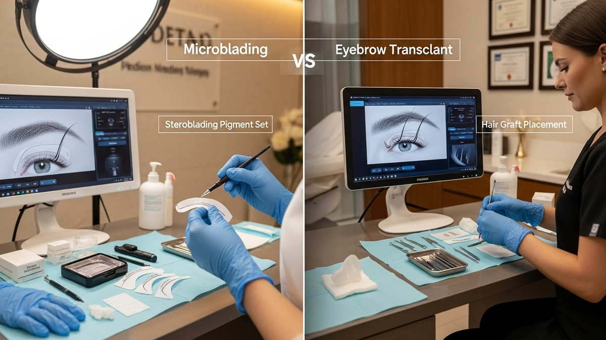 Microblading vs eyebrow transplant comparison showing fuller brow shaping and realistic hair restoration look