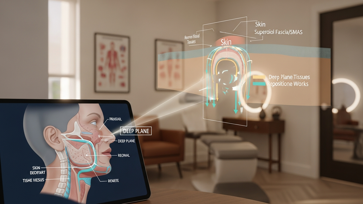 Deep plane facelift what is it—surgeon discussing facial anatomy and lift plan in a modern facial plastic surgery setting