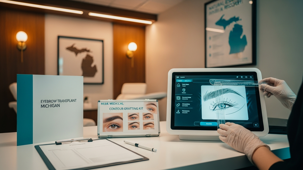 Eyebrow transplant Michigan guide image showing a natural eyebrow restoration concept with a clinician consultation setting