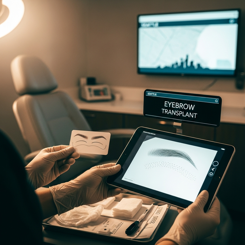 Eyebrow transplant seattle informational card showing a clinician discussing eyebrow hair transplant options