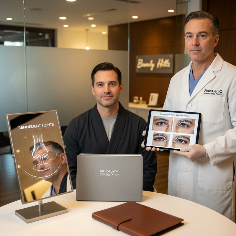 Rhinoplasty men guide card showing functional and aesthetic planning for a natural male nose result