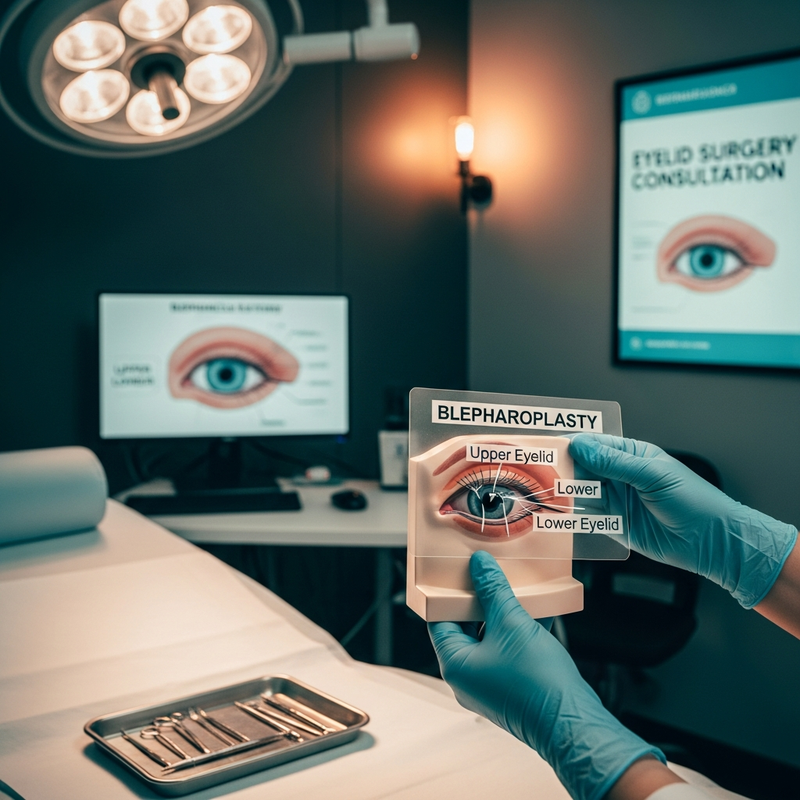 Close-up of the eye area explaining blepharoplasty medical term and eyelid surgery planning for a refreshed look