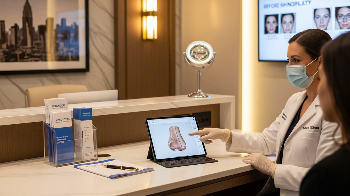 Rhinoplasty New York consultation setting with a facial plastic surgeon discussing natural nose reshaping and breathing outcomes