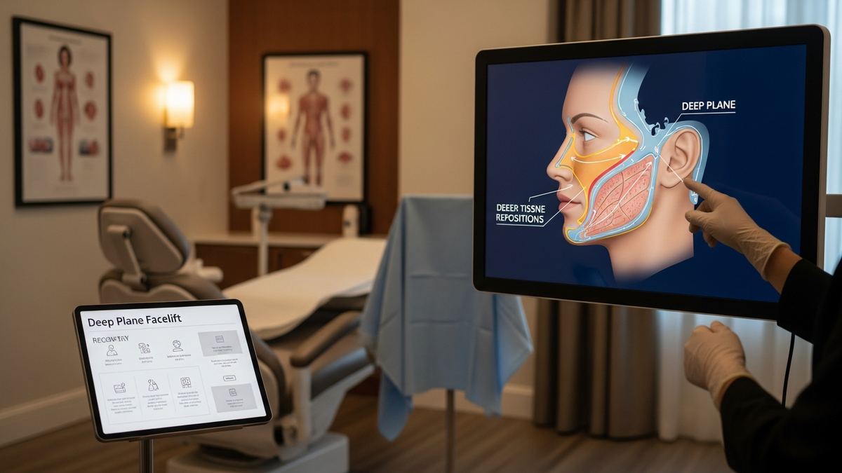 Deep plane facelift consultation with surgeon discussing natural facial rejuvenation plan in a Beverly Hills office