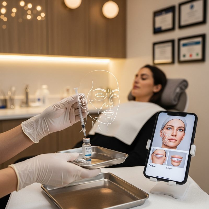 Facelift with fat injections overview card showing youthful face contour restoration with fat grafting and lift