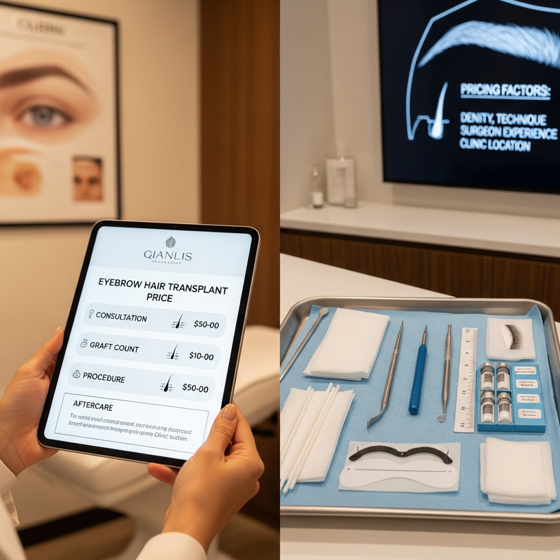 Close-up eyebrow hair transplant price infographic card with brow shape outline and graft planning icons