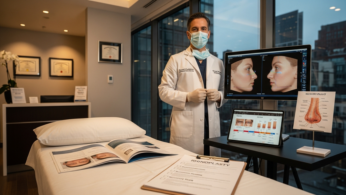 New York rhinoplasty consultation with a facial plastic surgeon discussing nasal aesthetics and breathing function in a modern clinic setting