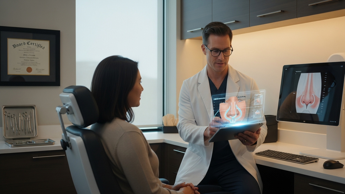 Best surgeon rhinoplasty consultation in Beverly Hills: surgeon discussing natural nose reshaping and functional nasal airflow goals with a patient