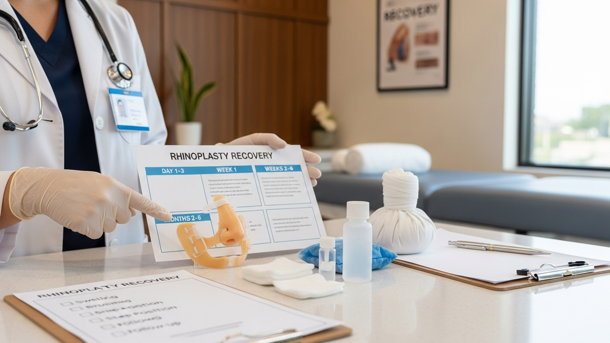 Rhinoplasty recovery timeline infographic with a patient resting and head elevated, illustrating week-by-week healing milestones