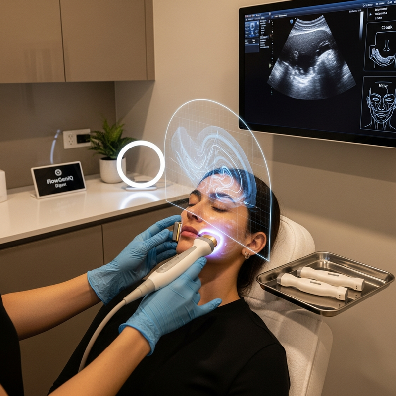 Facelift with ultrasound square graphic illustrating ultrasound energy targeting skin layers for gradual collagen remodeling
