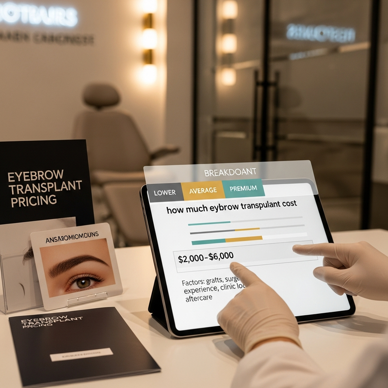 Eyebrow transplant pricing overview card showing how much eyebrow transplant cost and natural brow design